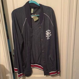 Alternative Blue and Red Put-in-Bay Varsity Bomber Jacket with Ribbed Trim